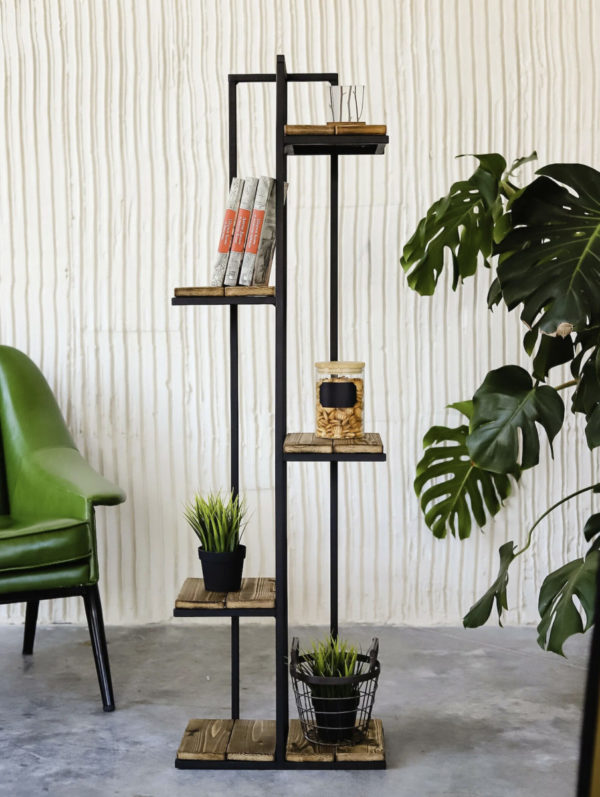 Подставка для цветов напольная металлическая с деревянными полками — Аксессуары для растений